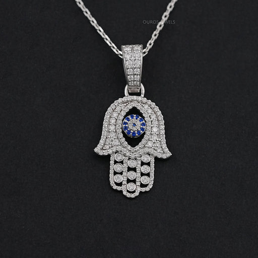 Sapphire And Lab Diamond Round Cut Hamsa Hand Men's Pendant Necklaces
