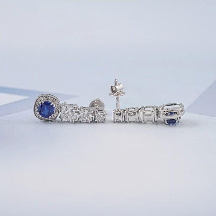 Sapphire Cushion Gemstone And Lab Diamond Dangle Earrings