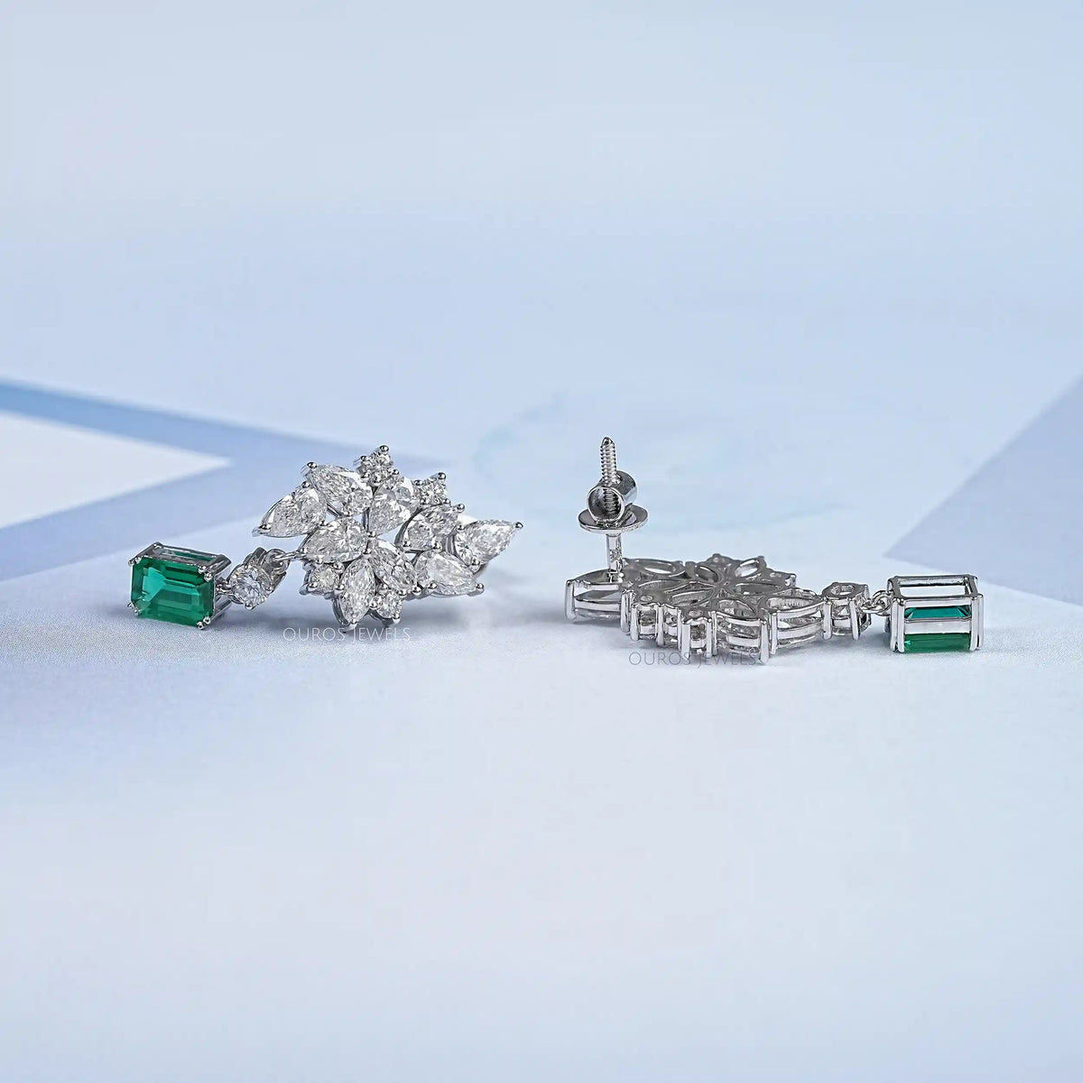 Green Emerald And Lab Diamond Cluster Drop Earrings