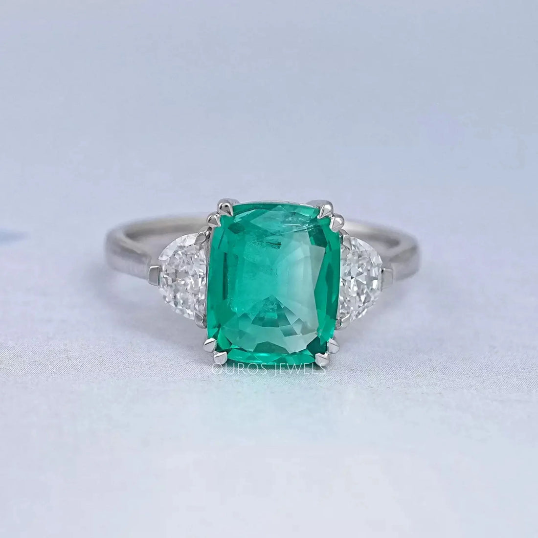 Green Cushion And Half Moon Trio Engagement Ring Rings