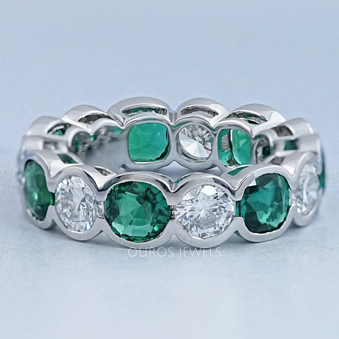 Green Zambian Cushion Half Bezel Wedding Band Ring