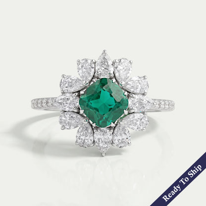 Green Cushion And Lab Diamond Halo Ring