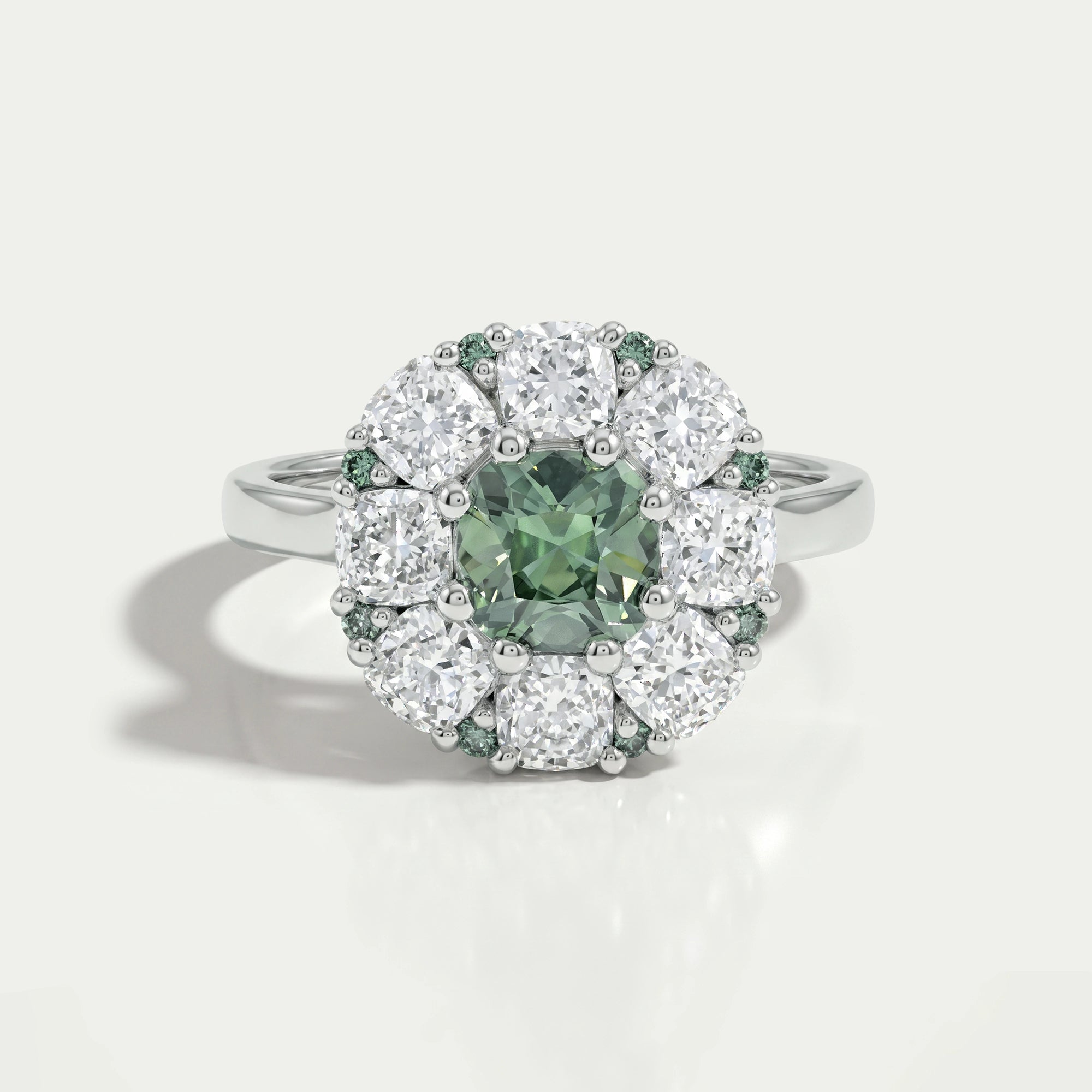 Green Cushion Cut Lab Diamond Halo Engagement Ring Ring