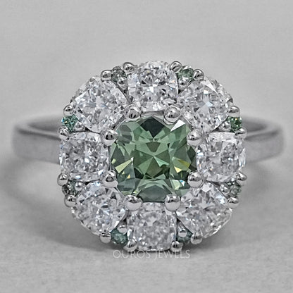 Green Cushion Cut Lab Diamond Halo Engagement Ring Ring