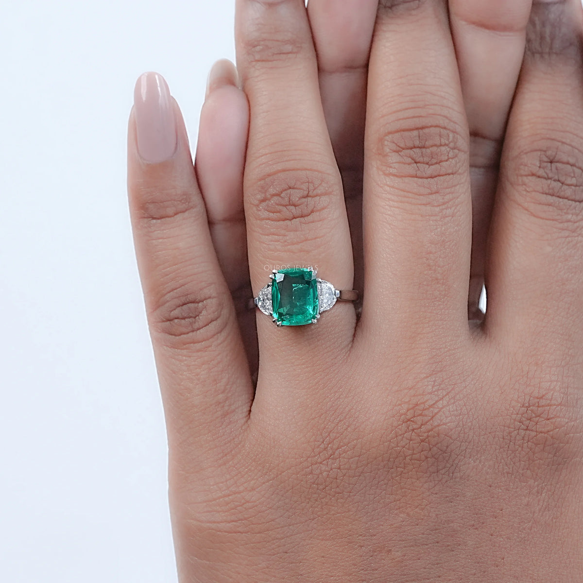 Green Cushion And Half Moon Trio Engagement Ring Rings