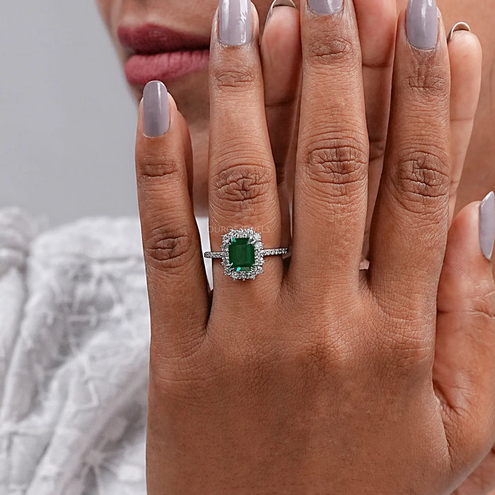 Halo With Accent Diamond Green Emerald Gemstone Ring Rings