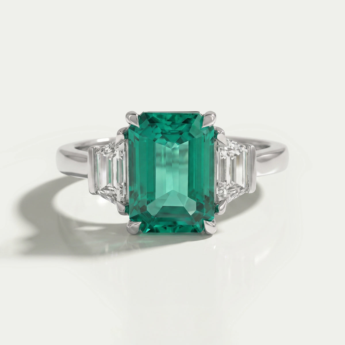 Green Emerald Cut With Trapezoid Diamond Ring Ring