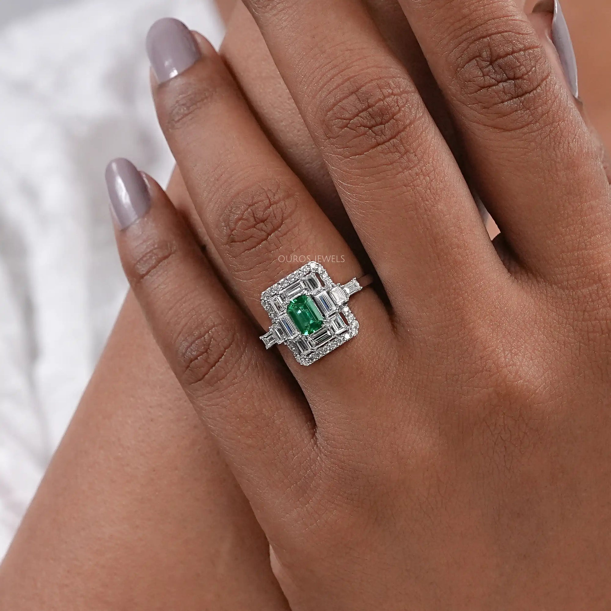 Baguette And Round Halo Diamond Gemstone Ring Ring