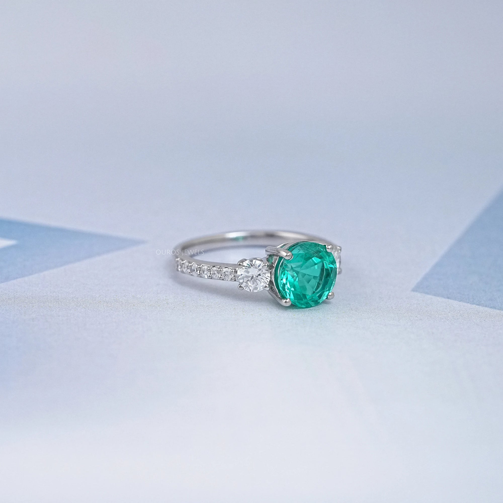 Green Round And Diamond Three Stone Accent Diamond Ring