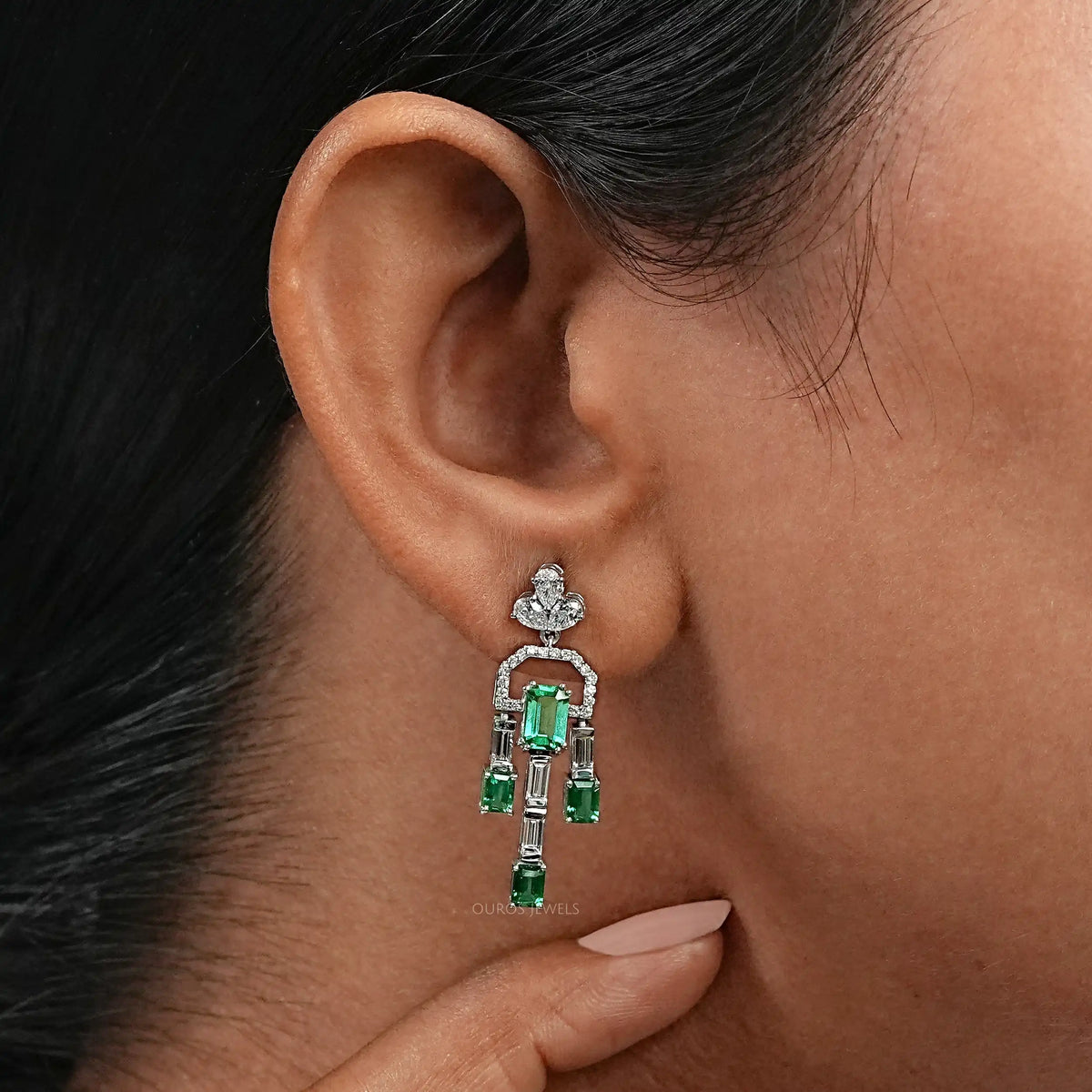 Green Emerald And Diamond Linear Drop Earrings Earring