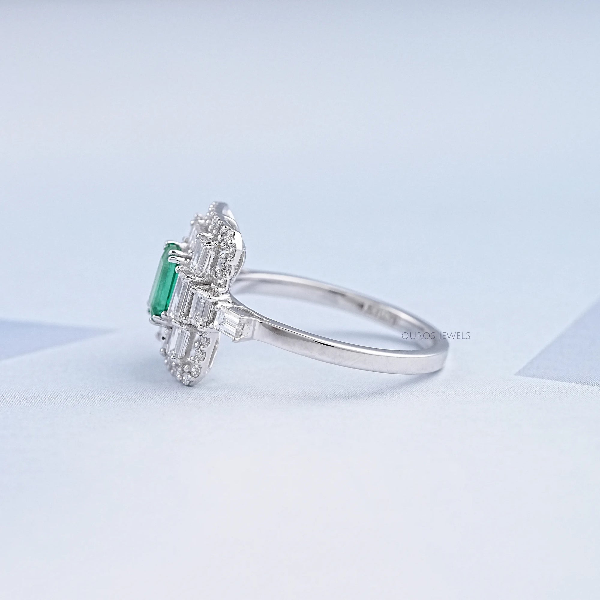 Baguette And Round Halo Diamond Gemstone Ring Ring