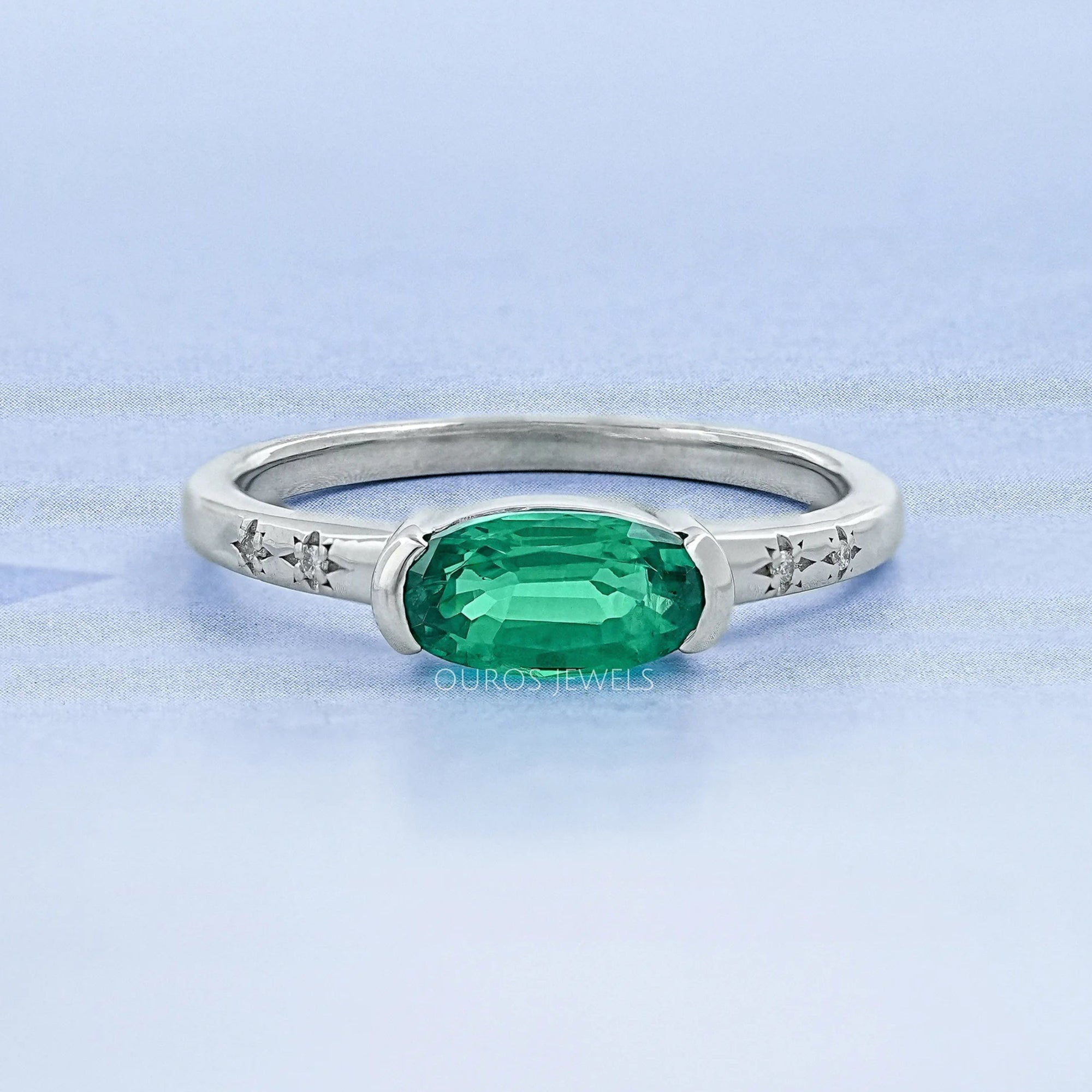 Green East West Oval Gemstone Accent Engagement Ring