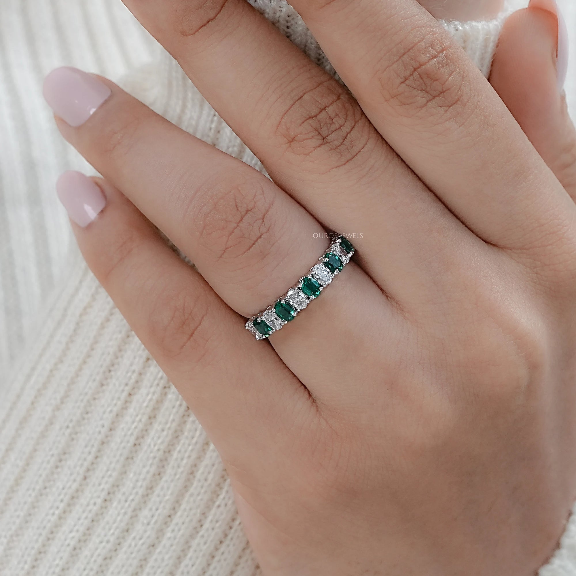 Green Oval Gemstone Half Eternity Wedding Band Rings