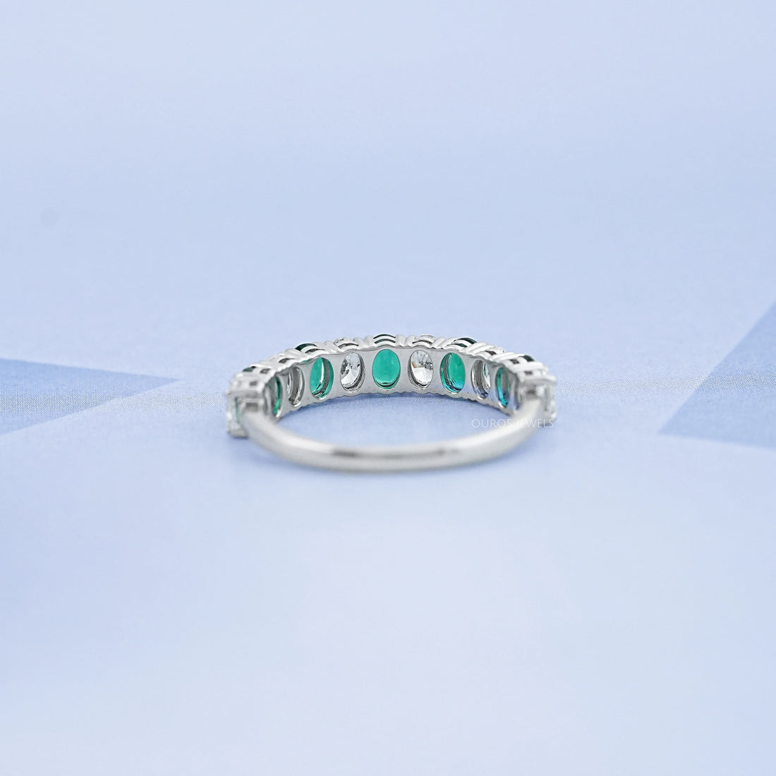 Green Oval Gemstone Half Eternity Wedding Band Rings