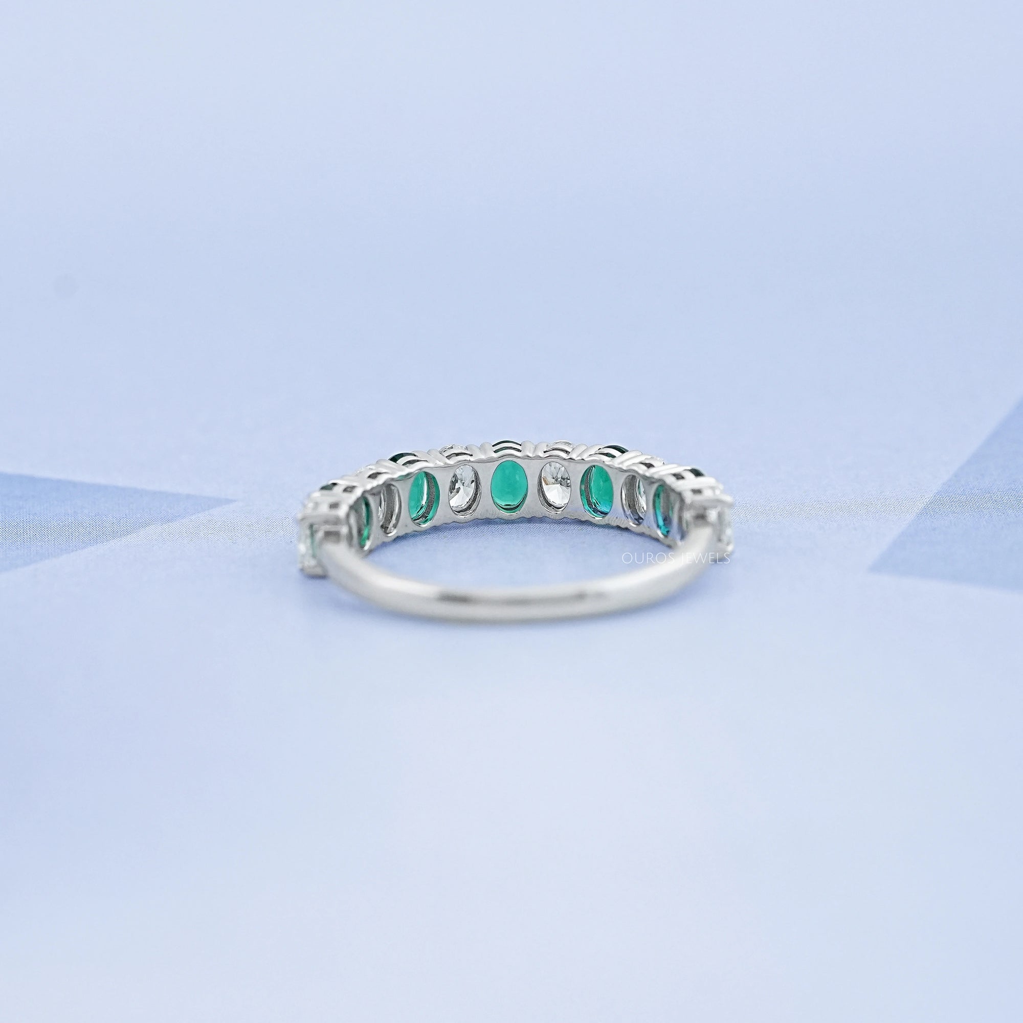Green Oval Gemstone Half Eternity Wedding Band Rings
