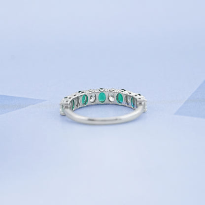 Green Oval Gemstone Half Eternity Wedding Band Rings