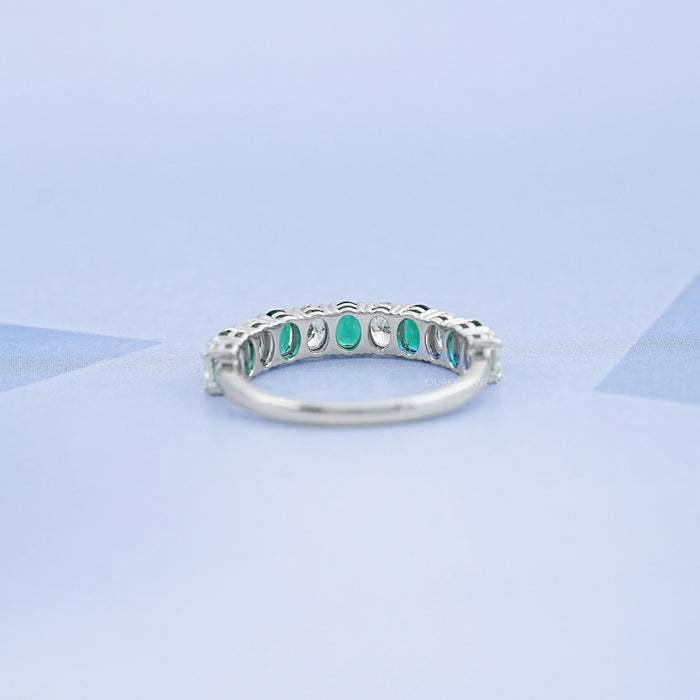 Green Oval Gemstone Half Eternity Wedding Band Rings