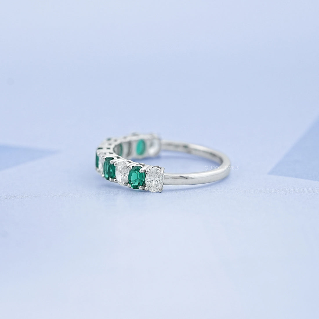 Green Oval Gemstone Half Eternity Wedding Band Rings