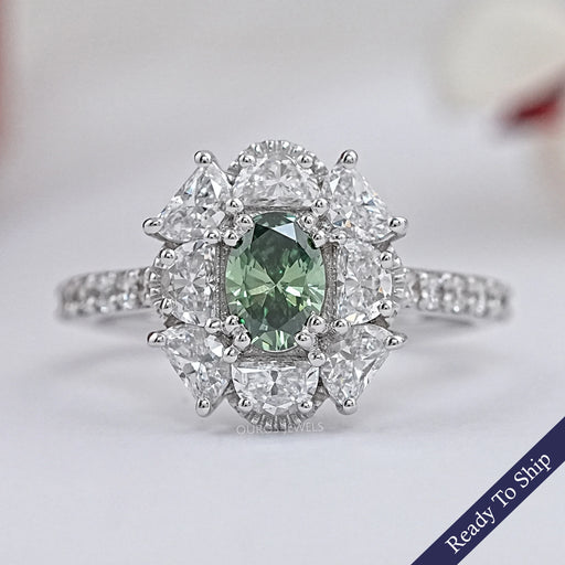 Green Oval Cut Half Moon Halo Engagement Ring Rings