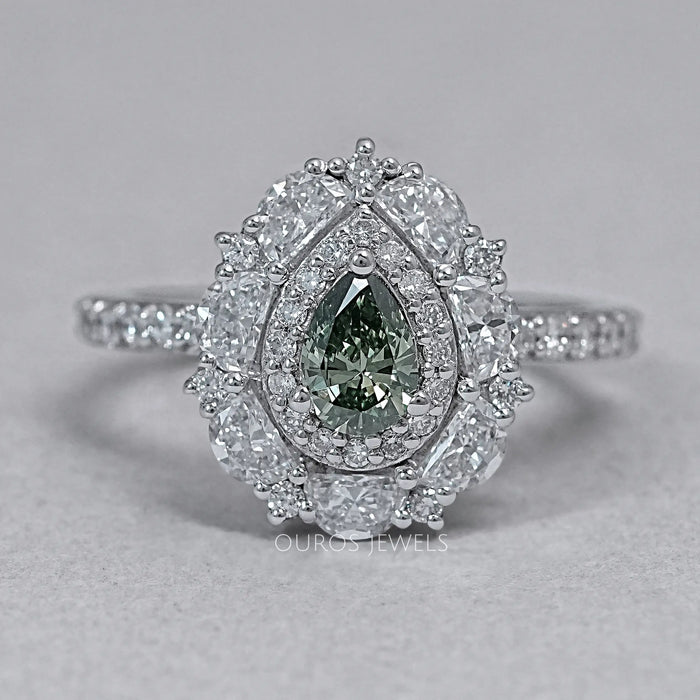 Green Pear Cut Surround Double Halo Diamond Engagement Ring Rings