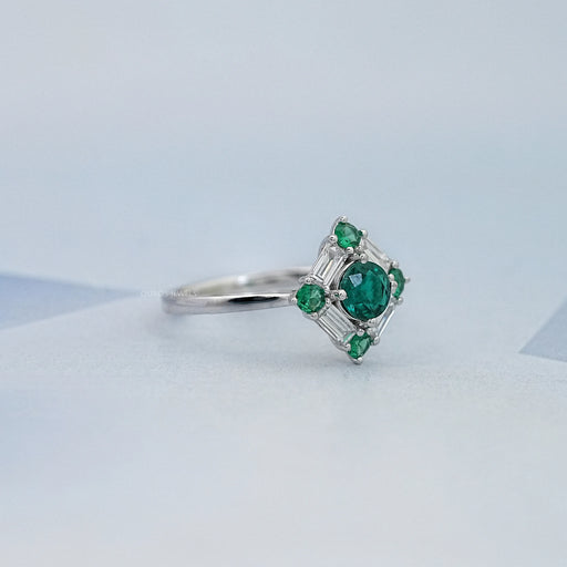 Green Round And Baguette Diamond Halo Engagement Ring