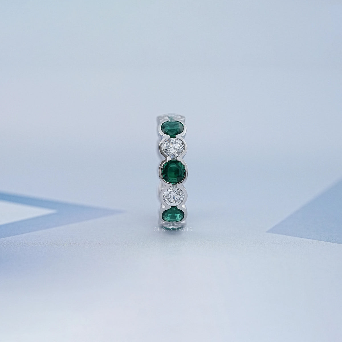 Green Zambian Cushion Half Bezel Wedding Band Ring