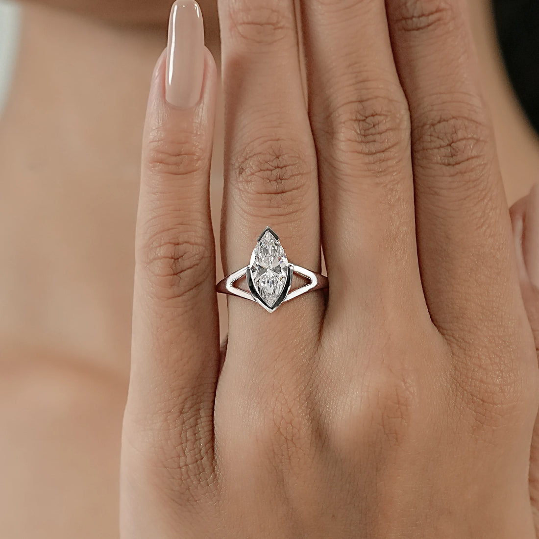 Half Bezel Marquise Diamond Split Shank Ring Ring