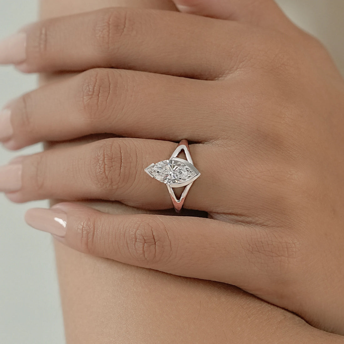 Half Bezel Marquise Diamond Split Shank Ring Ring