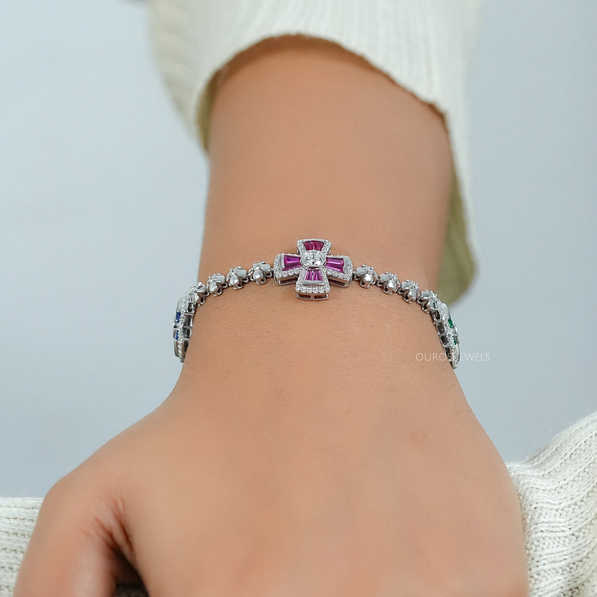Multi Lab Gemstone And Diamond Flower Bracelet Bracelet