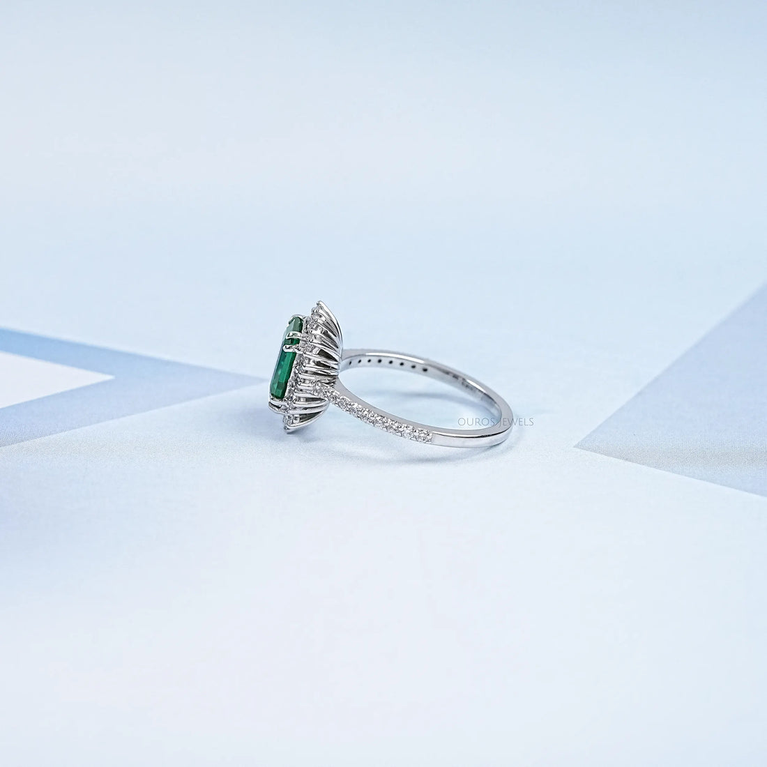 Halo With Accent Diamond Green Emerald Gemstone Ring Rings