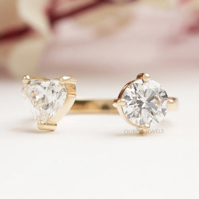 Heart And Round Cut Lab Grown Diamond Open Cuff Ring