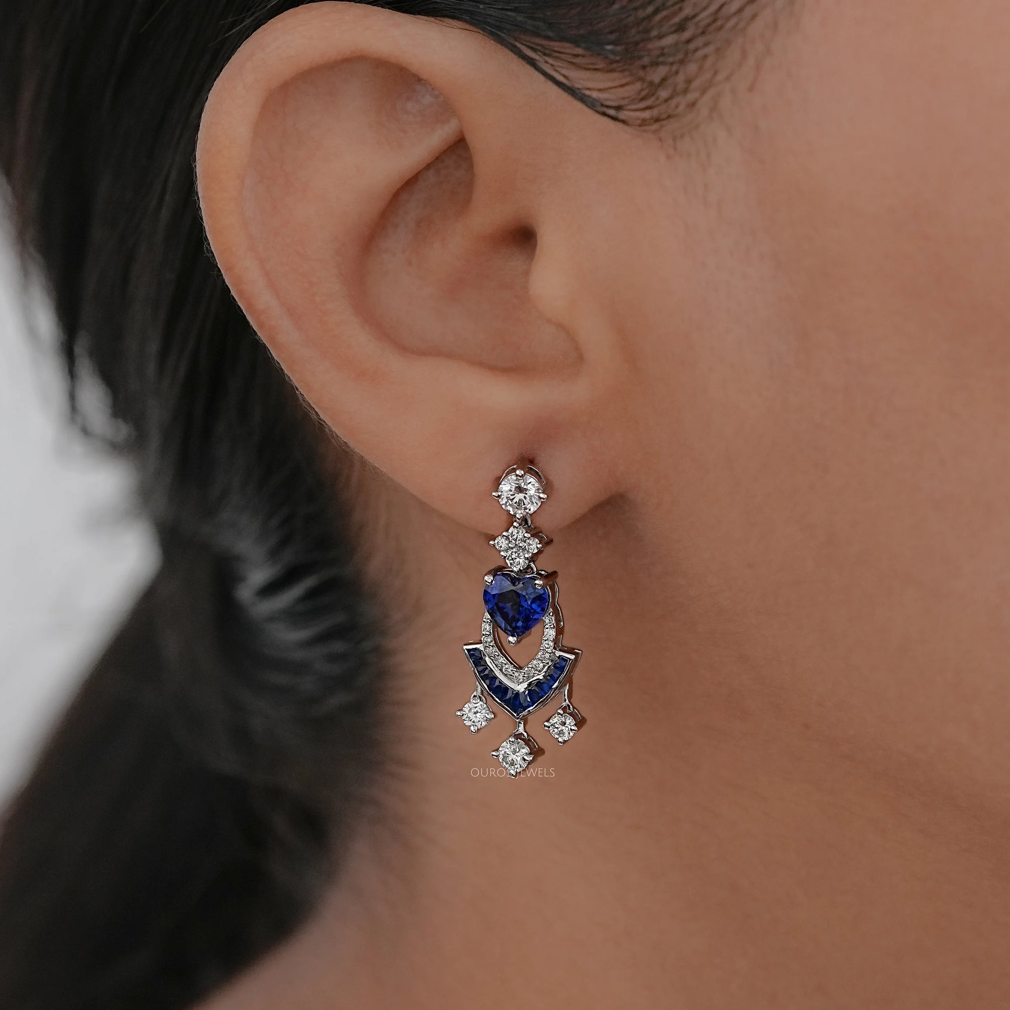 Sapphire Heart And Round Cut Cluster Drop Dangle Earrings Earrings