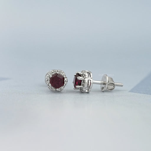 Hexagon Cut Red Ruby Gemstone Halo Stud Earrings Earring