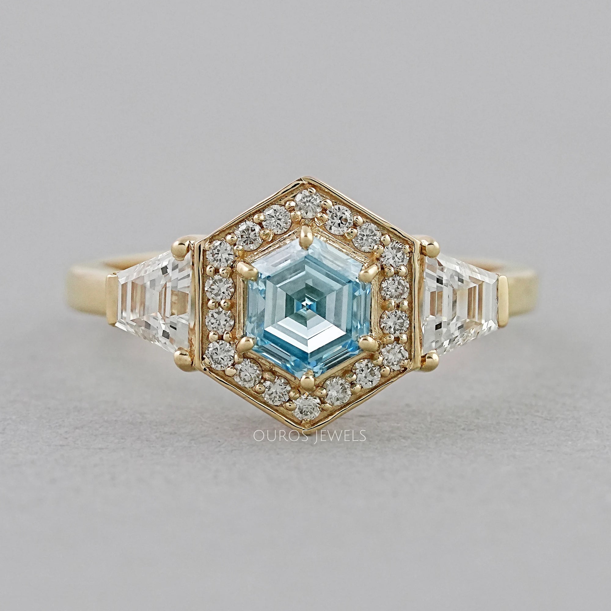 3 Stone Blue Hexagon Cut Halo Diamond Engagement Ring Ring
