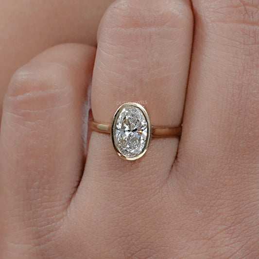 Oval Lab Diamond Hidden Halo Bezel Engagement Ring Rings
