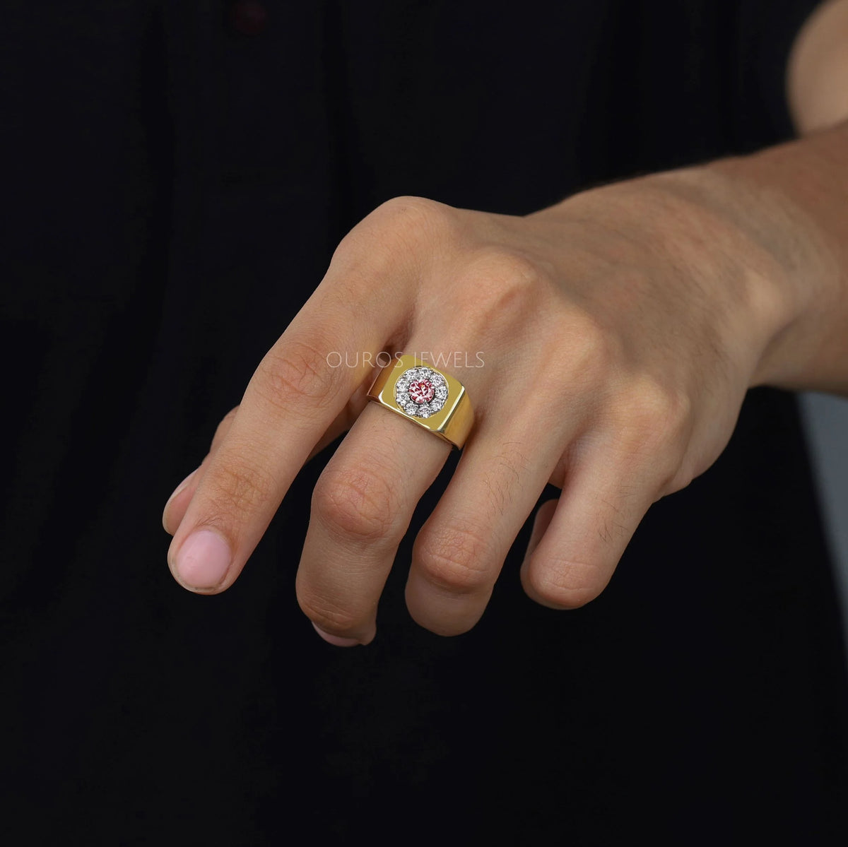 Pink Round Cut Diamond Halo Men's Ring