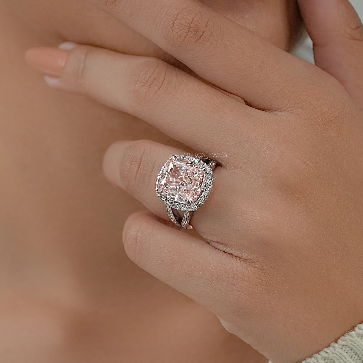 Intense Pink Cushion Lab Diamond Halo Engagement Ring Ring