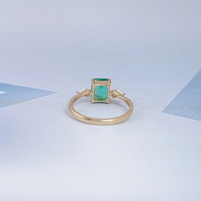 Emerald Gemstone And Kite Cut Three Stone Engagement Ring Rings