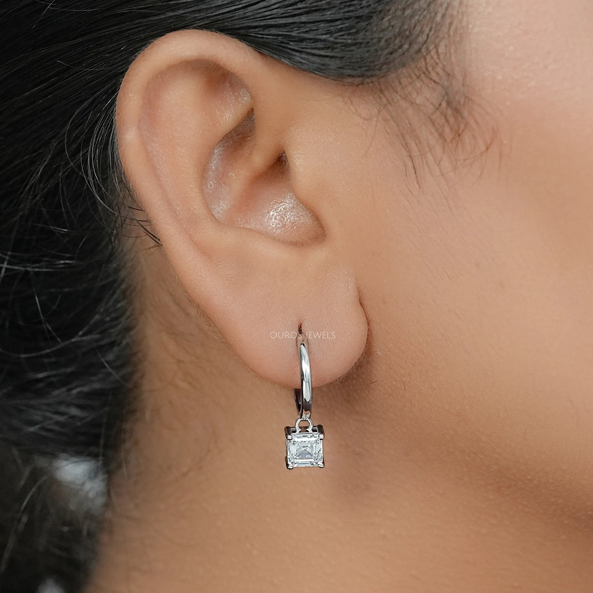Asscher Lab Diamond Dangle Hoop Earrings