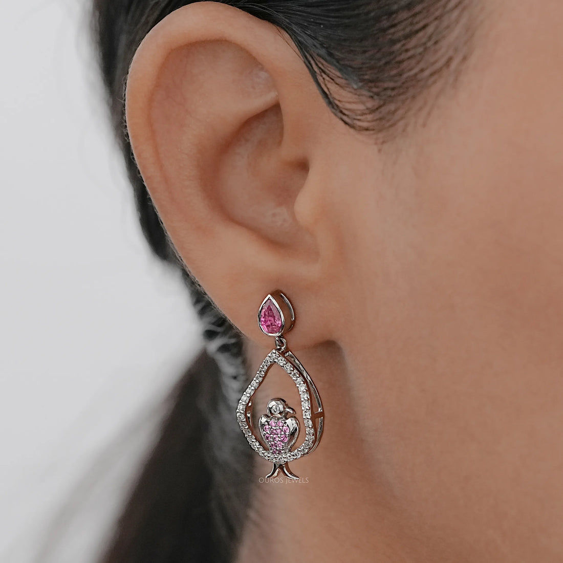Bezel Set Pink Pear Cut Gemstone Dangle Bird Earrings Earrings