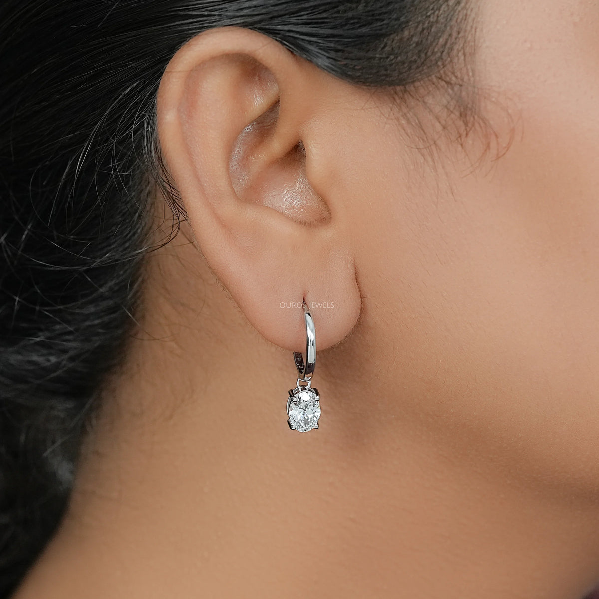 Oval Diamond Dangle Hoop Earrings