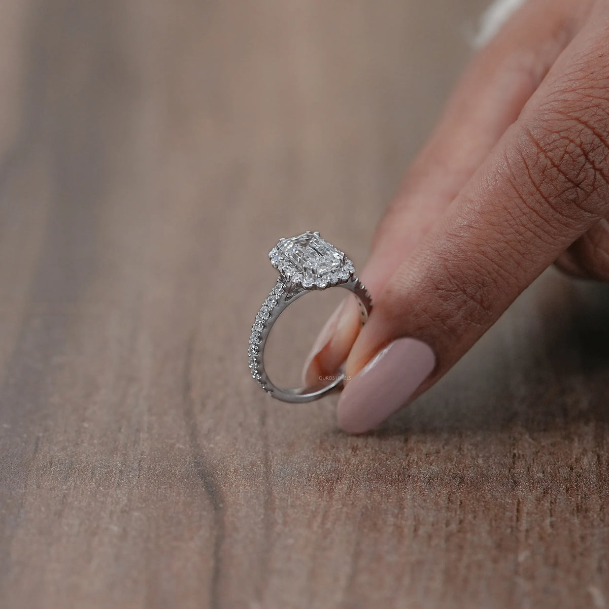 Emerald Cut Halo Accent Diamond Engagement Ring Ring