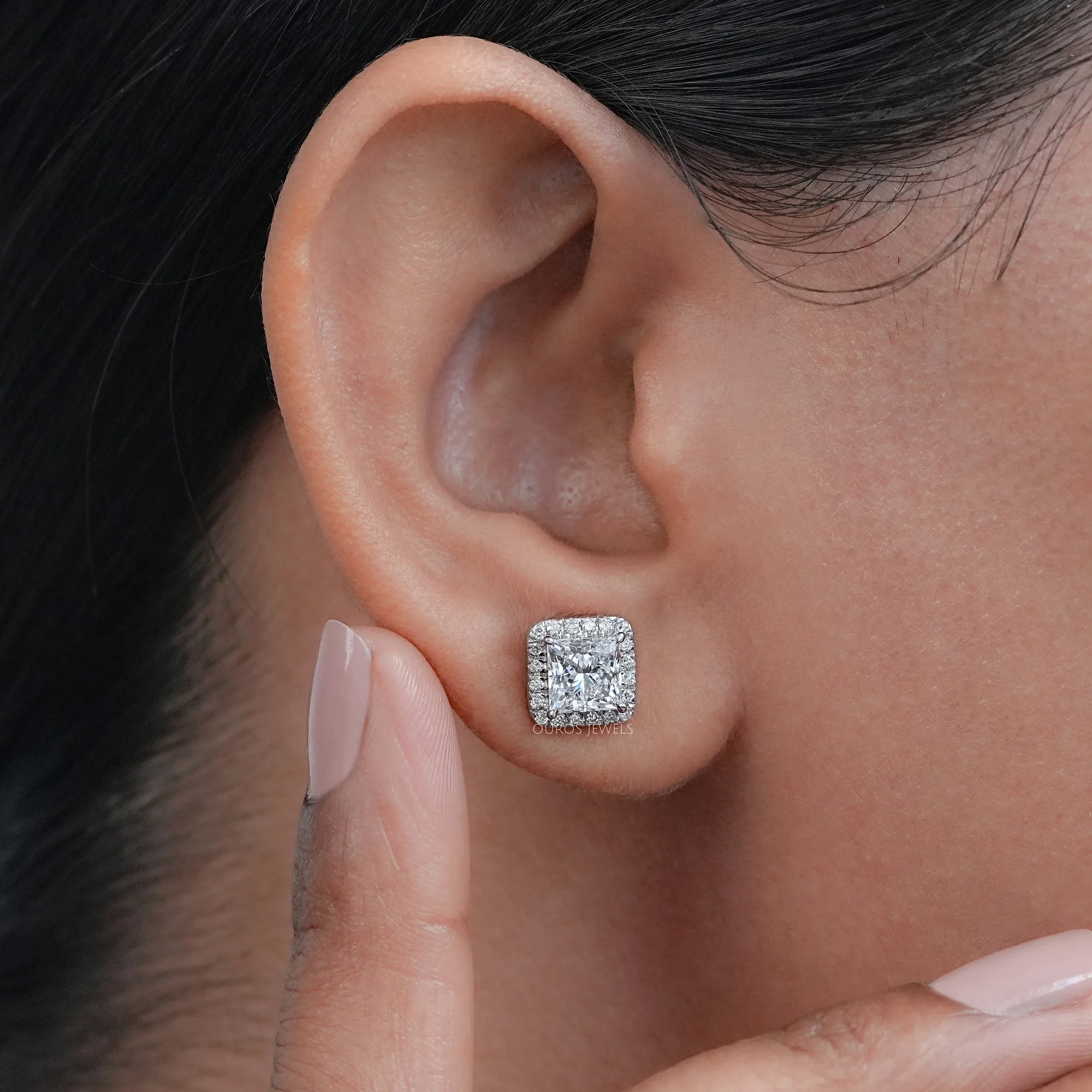 Lab Princess Diamond Halo Stud Earrings Earring