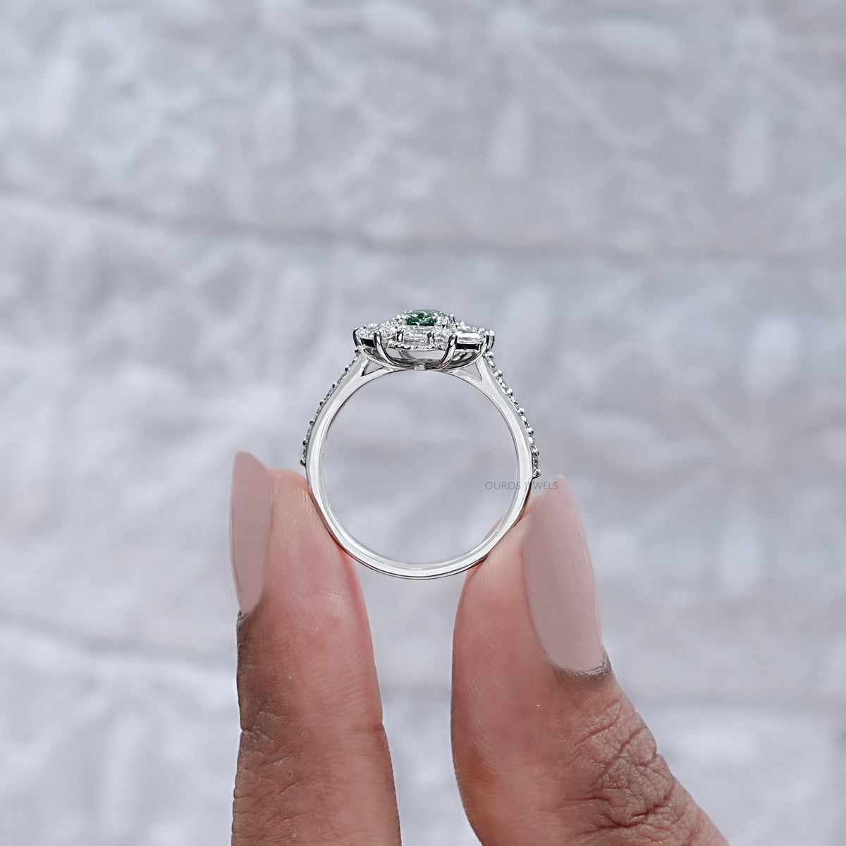 Green Oval Cut Half Moon Halo Engagement Ring Rings