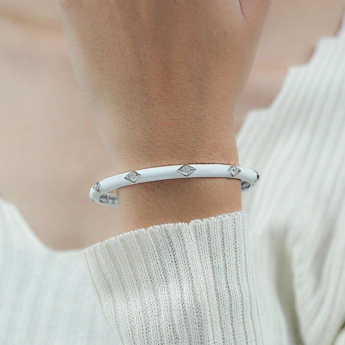 White Enamel Round Lab Diamond Bangle Bracelet
