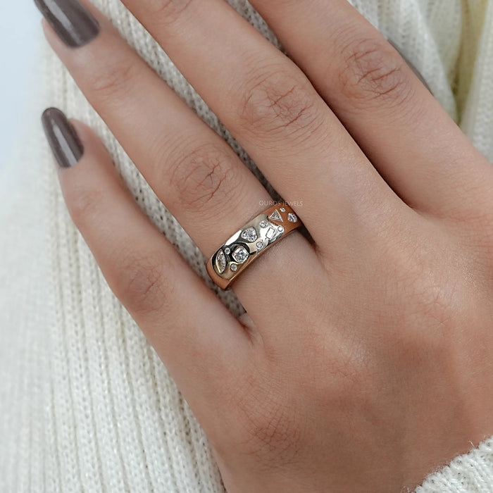 Wide Yellow Gold Flush Set Diamond Wedding Band Rings