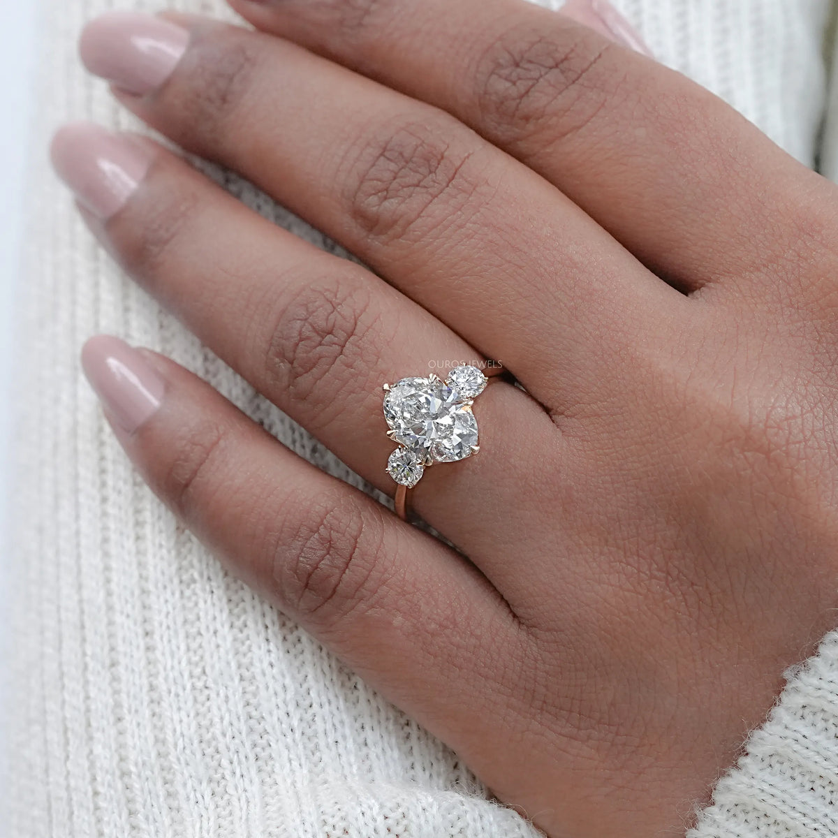 Three Stone Oval Cut Lab Grown Diamond Engagement Ring Ring
