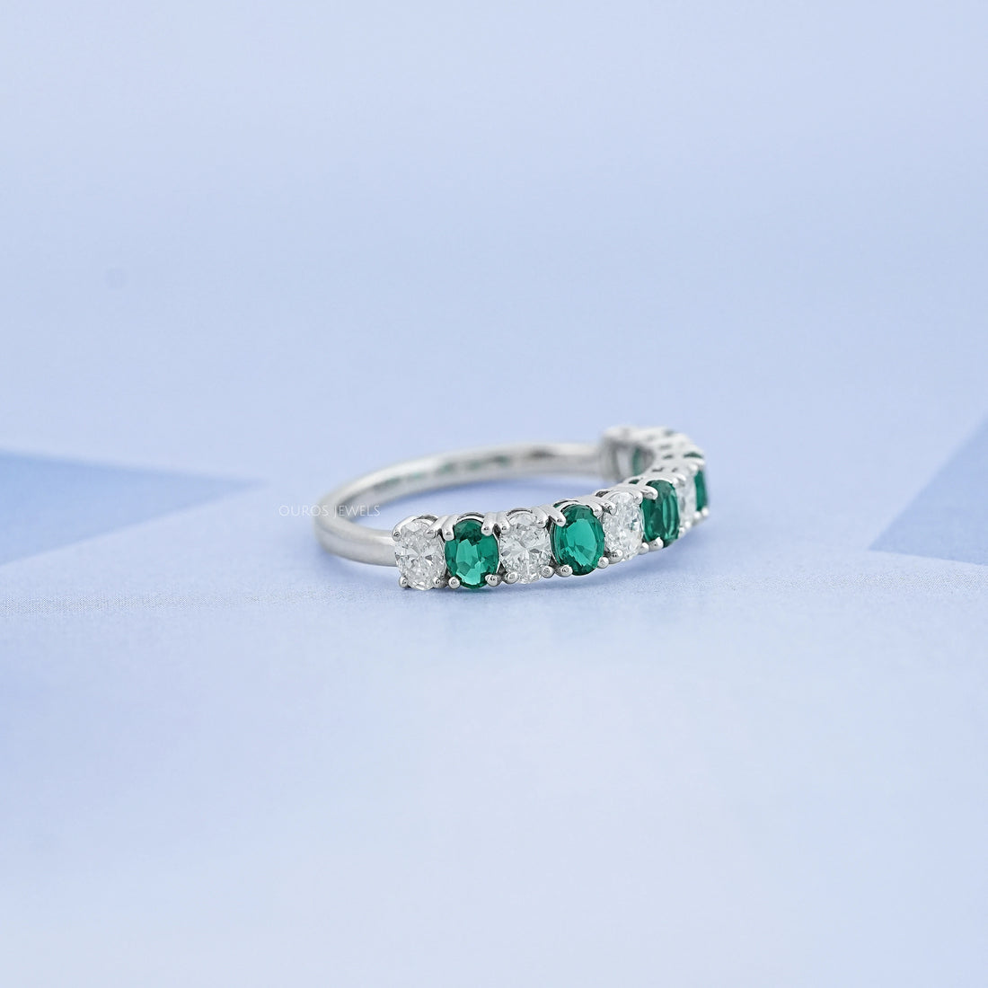 Green Oval Gemstone Half Eternity Wedding Band Rings