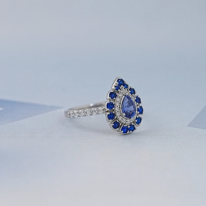 Blue Pear And Round Cut Double Halo Solitaire Accent Ring