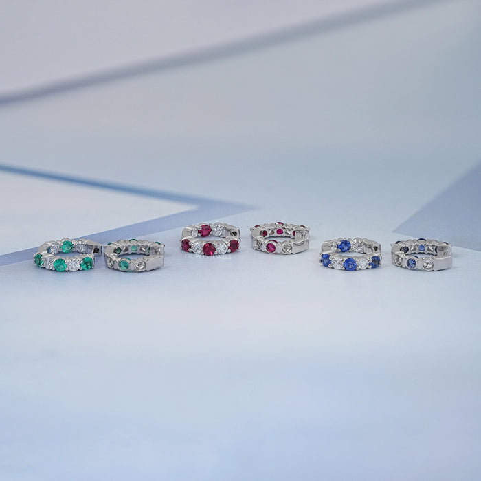 Multi Gemstone And Round Diamond In-Out Hoop Earrings